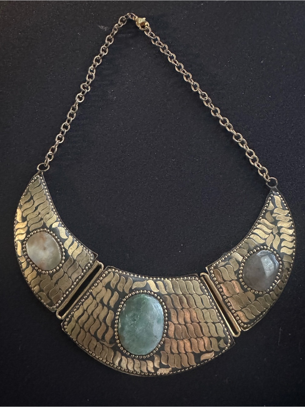 Vintage Tibetan Style Brass Bib Collar Necklace Jade Stone Statement
